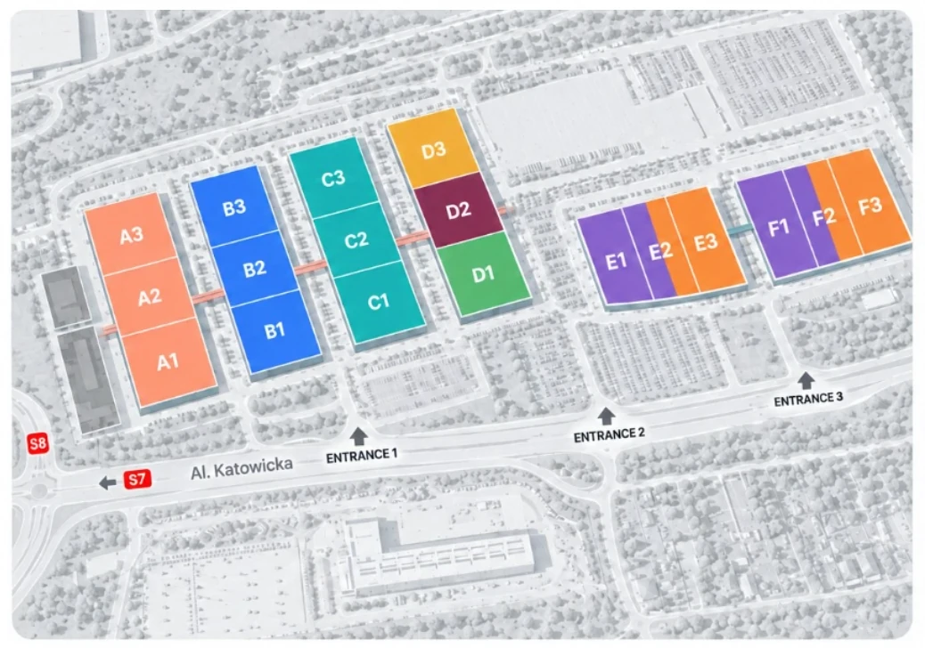 Ptak Warsaw Expo halls A to F with entrances from Al. Katowicka and the S8 and S7 expressways